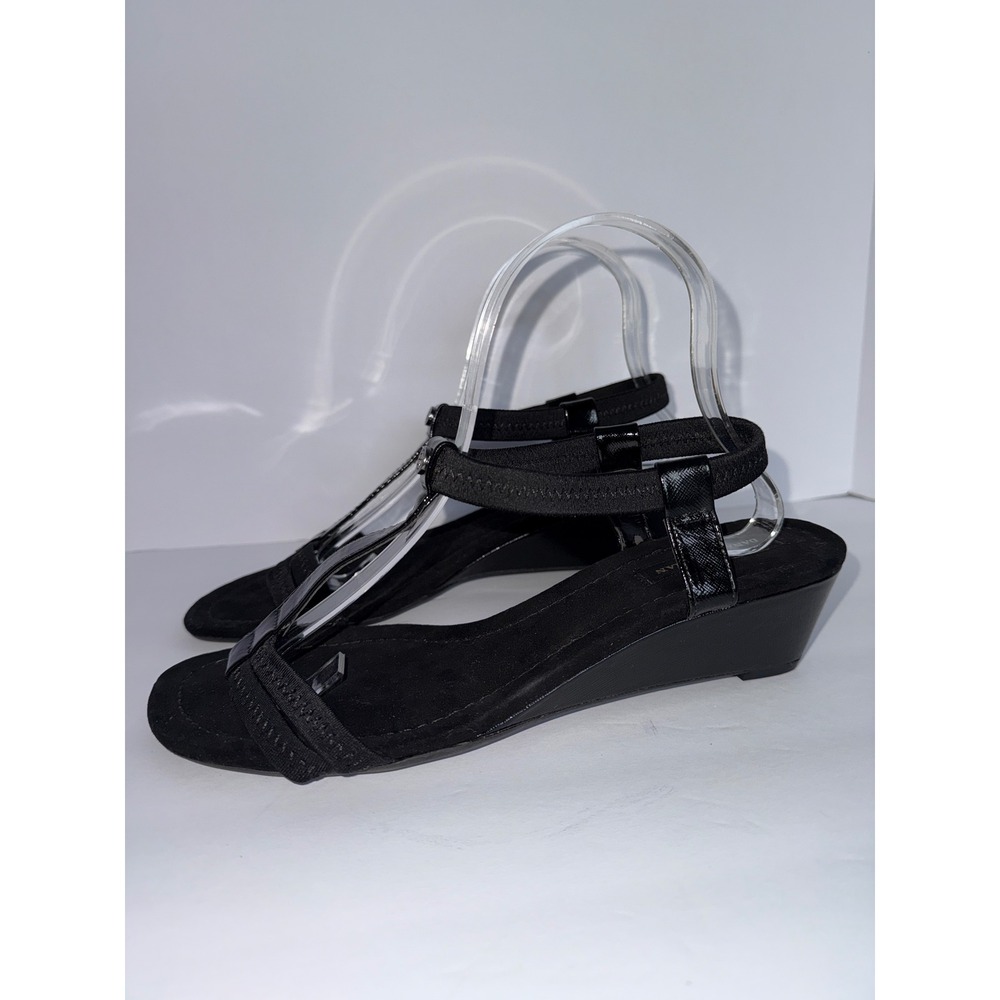 Dana Buchman 9 T-bar Blk Heel Wedge Sandals Summer Whimsigoth Office Career Y2K - Picture 5 of 12